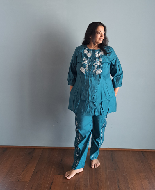 Teal Treasures: Embroidered Muslin Co-ord Set