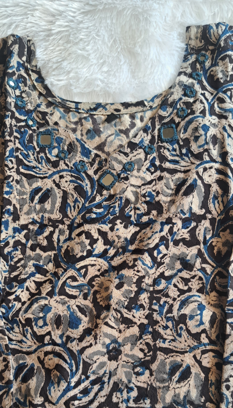 Blue and black kalamkari cotton short top with mirror work