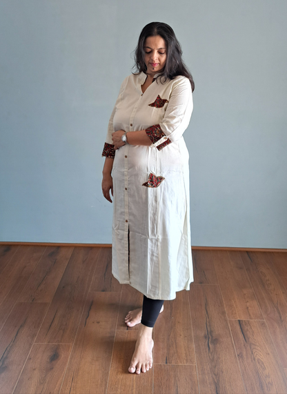 Ethereal Bliss: Off White Cotton Kurti with Patch Work