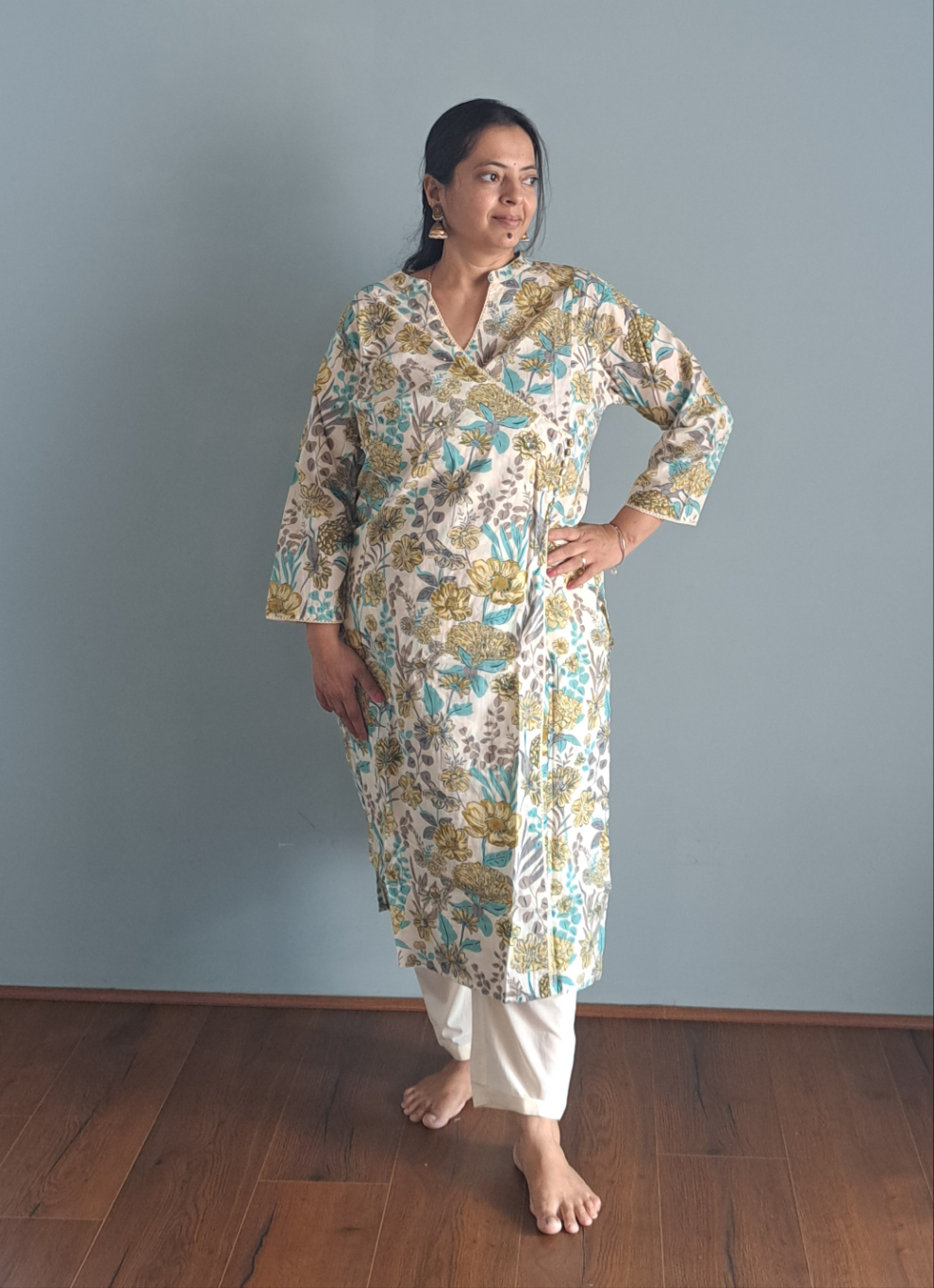 Mystic Meadow: Floral Green & Blue Cotton Angarkha Set