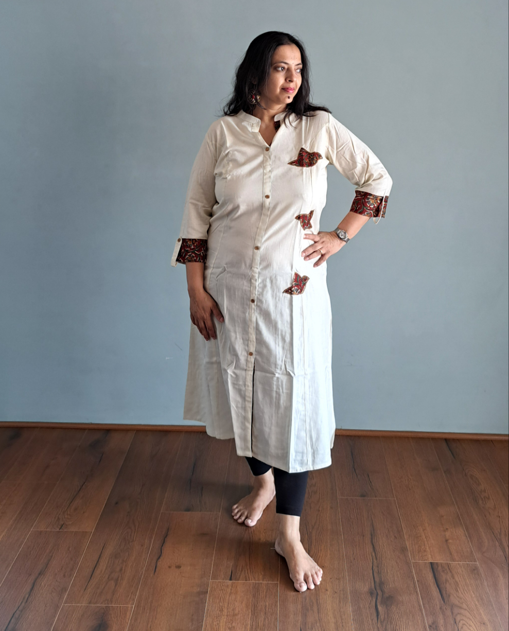 Ethereal Bliss: Off White Cotton Kurti with Patch Work