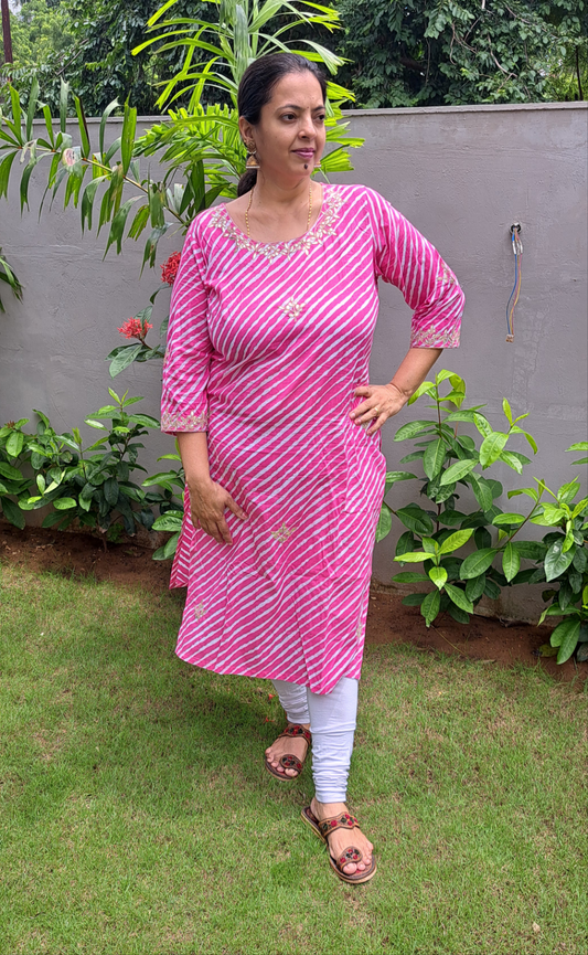 Luminous Drapes: Pink Lehriya Cotton Kurti with Gotta Patti Work