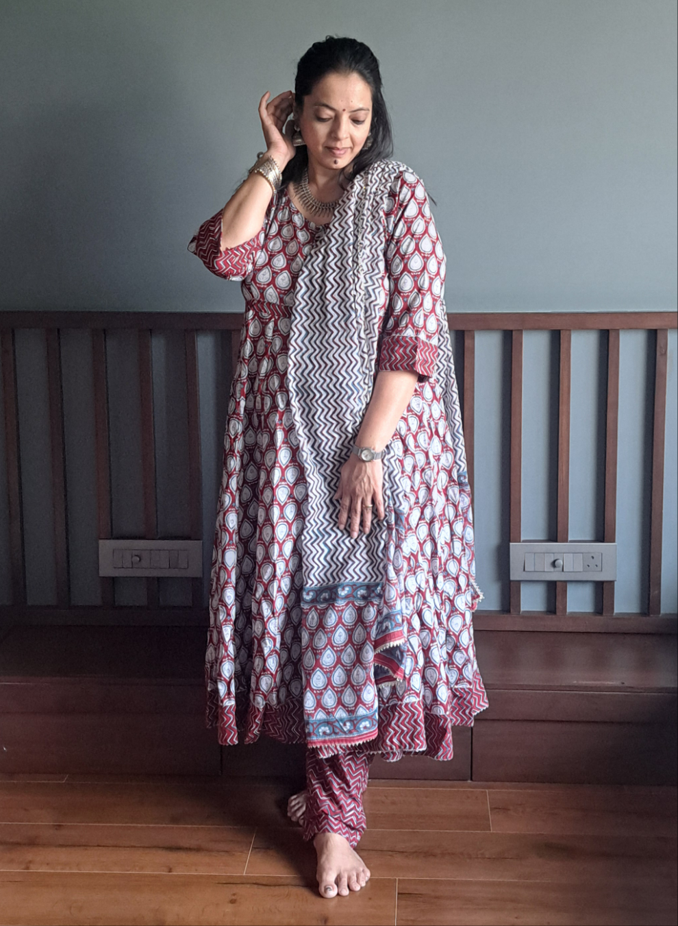 Regal Harmony: Maroon and Light Blue Kurta Pant Dupatta Set with Gotta Patti Work