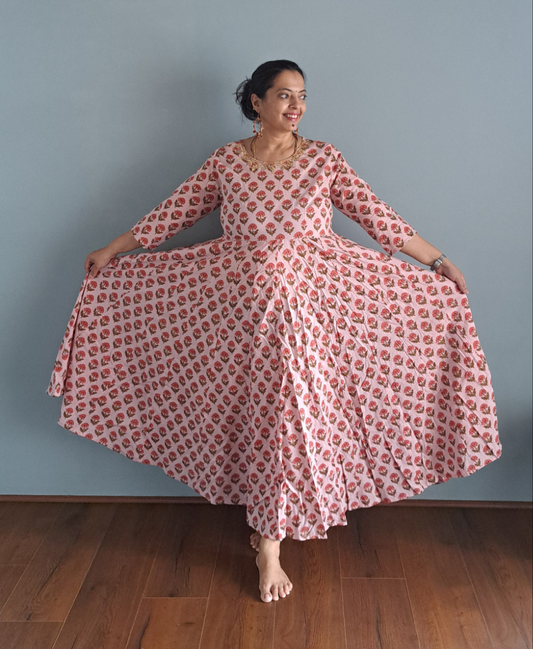 Enchanting Blooms: Pink Floral Soft Cotton Long Pleated Dress with Gotta Patti Work