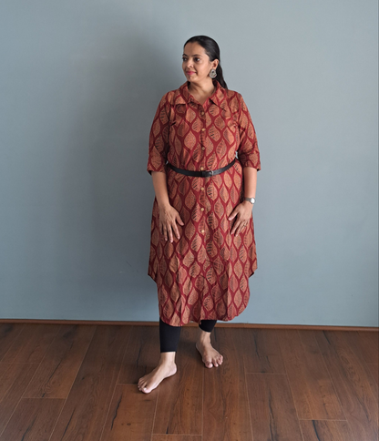 Leafy Elegance: Red Leaf Design Shirt Style Cotton Kurti