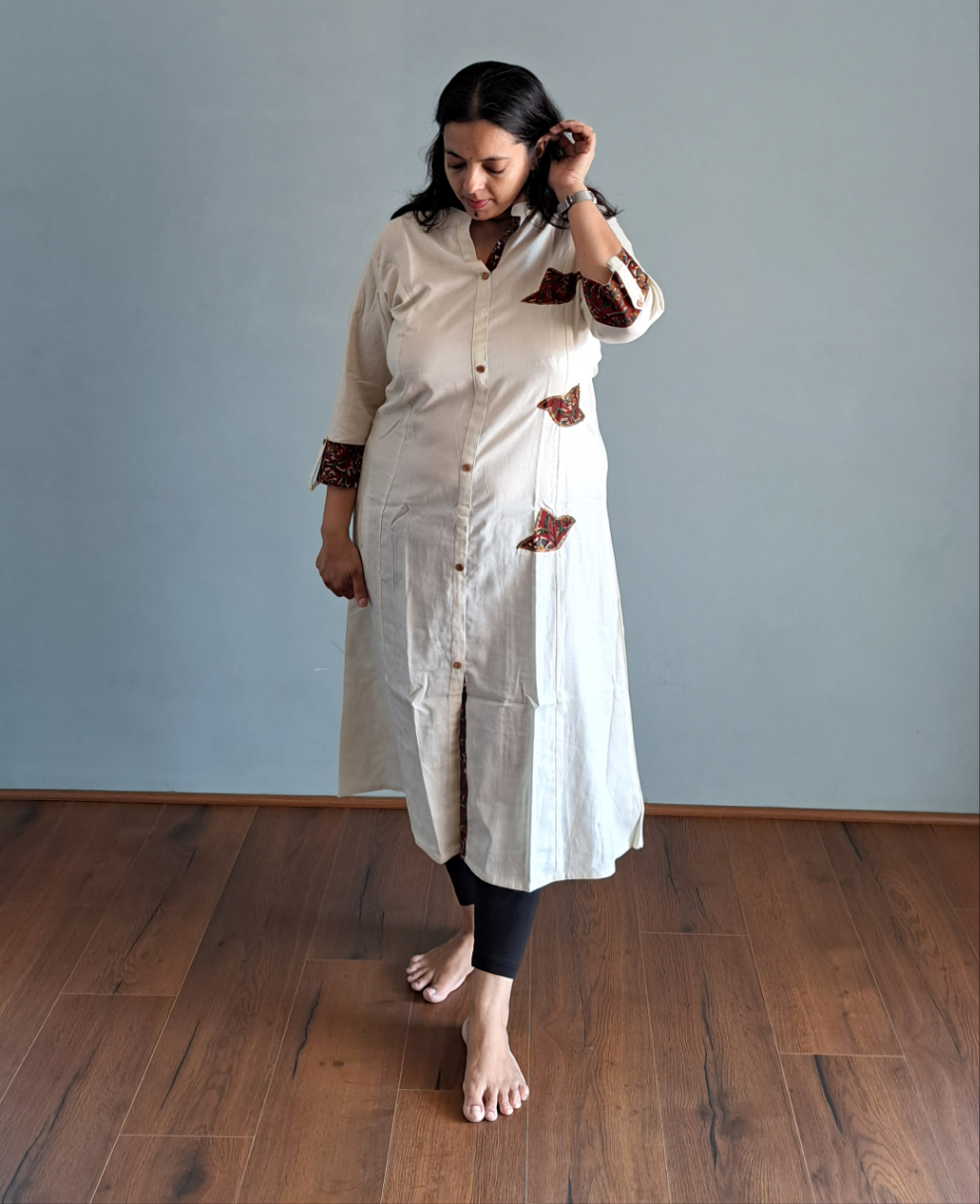 Ethereal Bliss: Off White Cotton Kurti with Patch Work