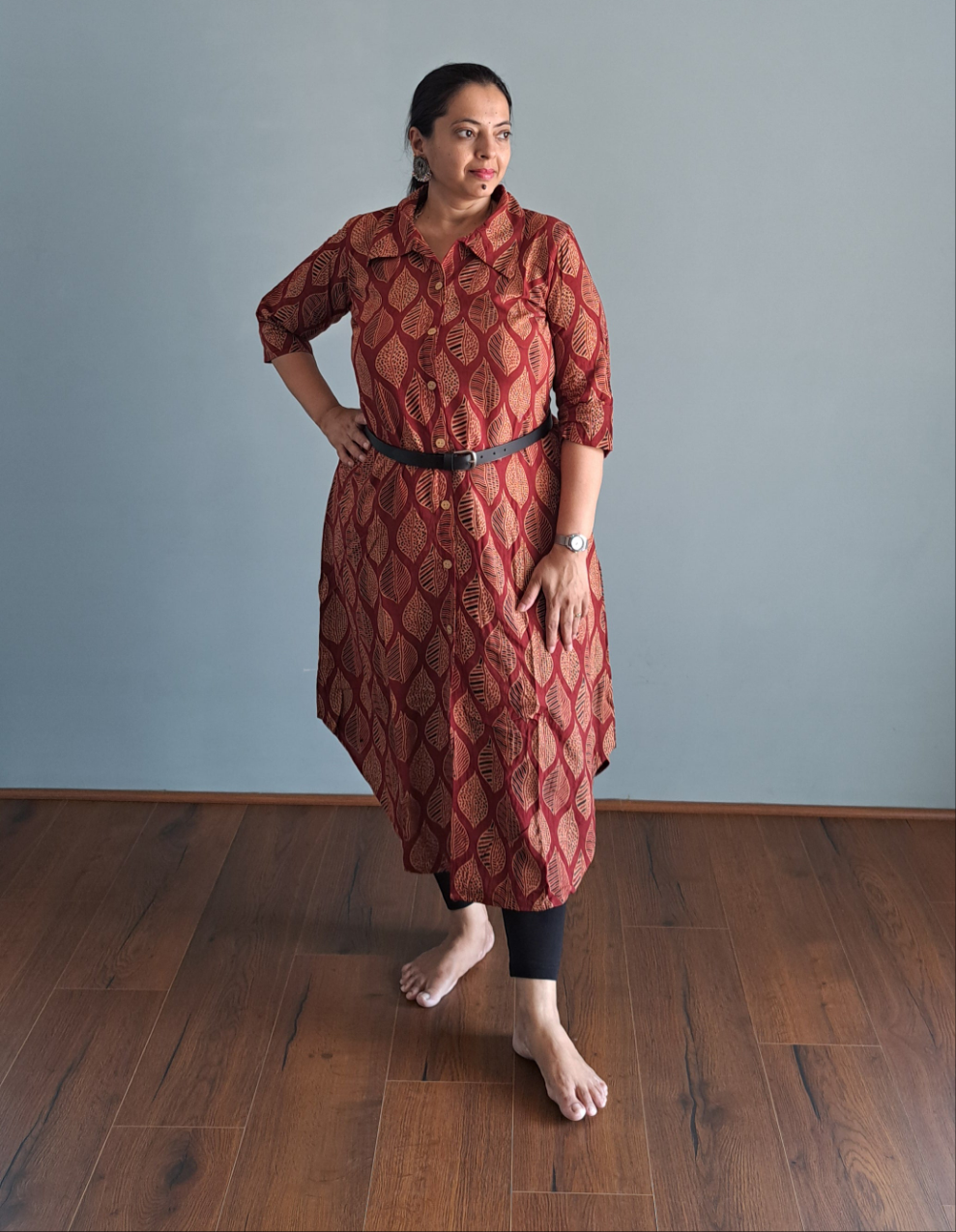 Leafy Elegance: Red Leaf Design Shirt Style Cotton Kurti