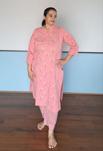 Pearl Essence: Pink Cotton Kurta Pant Set with Pearl Buttons