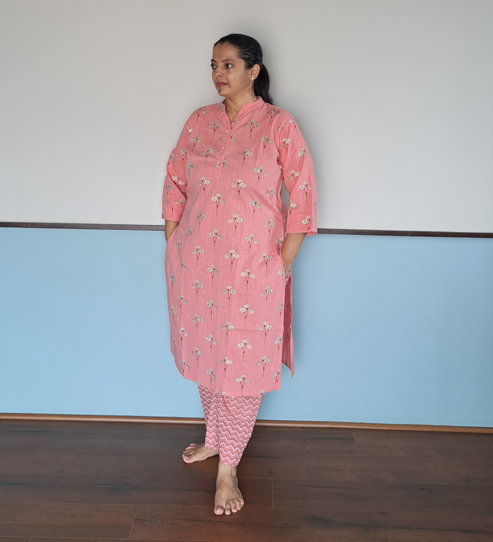 Pearl Essence: Pink Cotton Kurta Pant Set with Pearl Buttons