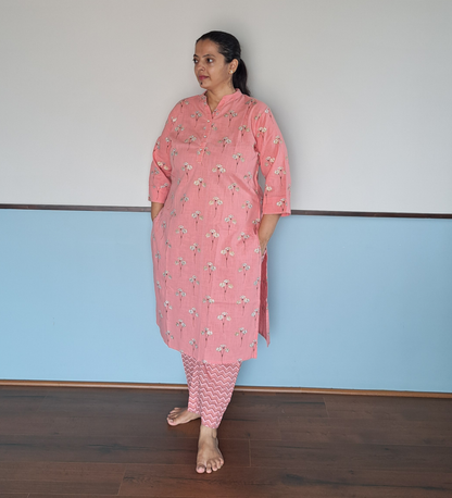 Pearl Essence: Pink Cotton Kurta Pant Set with Pearl Buttons