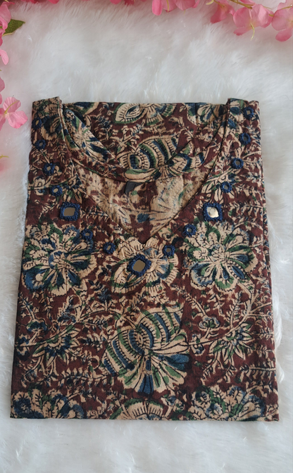 Dark coffee kalamkari cotton short top with mirror work