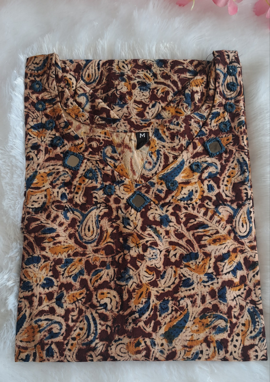 Mustered and maroon kalamkari cotton short top with mirror work