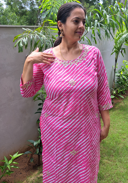 Luminous Drapes: Pink Lehriya Cotton Kurti with Gotta Patti Work