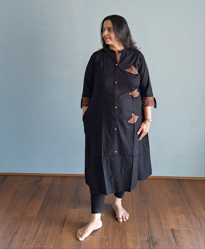 Black Patchwork Cotton Kurti with Pocket