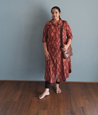 Leafy Elegance: Red Leaf Design Shirt Style Cotton Kurti