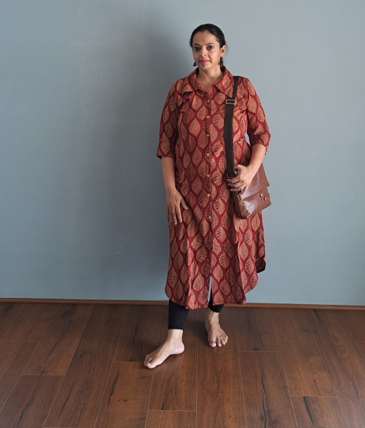 Leafy Elegance: Red Leaf Design Shirt Style Cotton Kurti