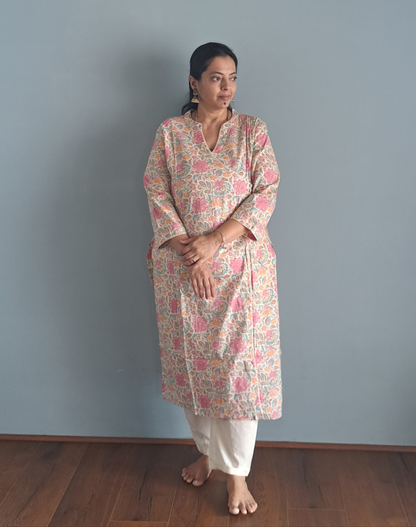 Rose Petal: Floral Pink Cotton Angarkha Set