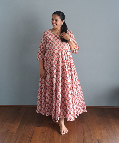 Enchanting Blooms: Pink Floral Soft Cotton Long Pleated Dress with Gotta Patti Work