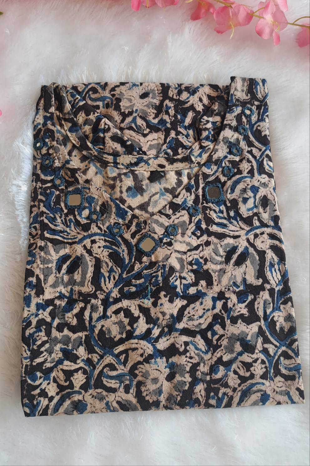 Blue and black kalamkari cotton short top with mirror work