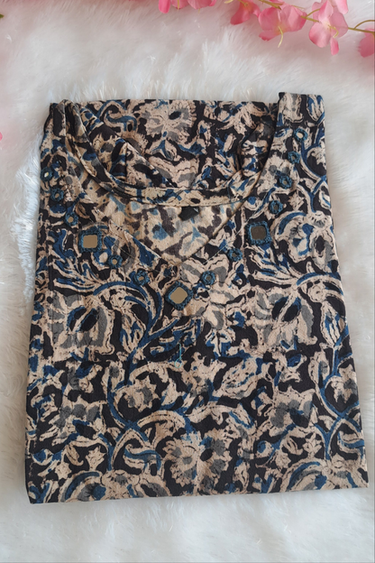 Blue and black kalamkari cotton short top with mirror work