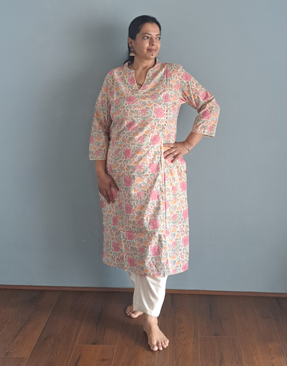 Rose Petal: Floral Pink Cotton Angarkha Set