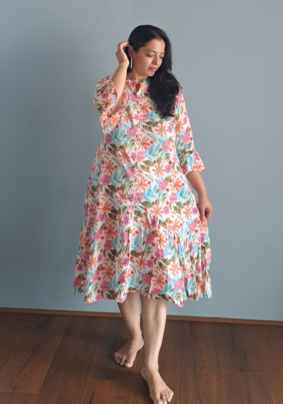 Floral Serenity: White Cotton One-Piece Dress with Bell Sleeves