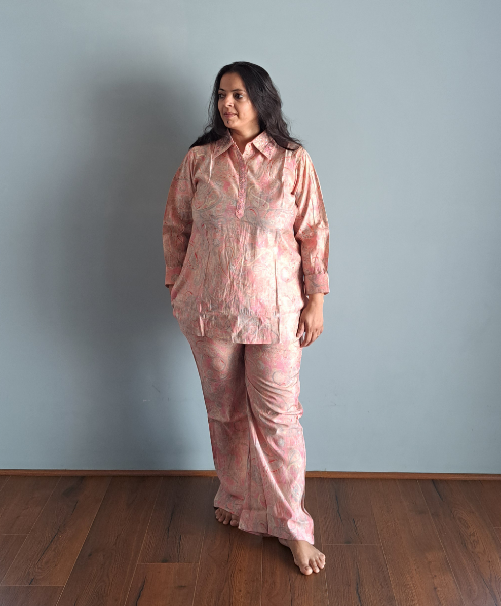 Whispering Petals: Baby Pink Muslin Co-ord Set with Embroidery