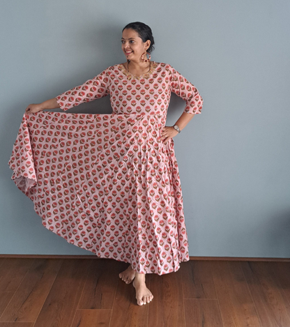 Enchanting Blooms: Pink Floral Soft Cotton Long Pleated Dress with Gotta Patti Work