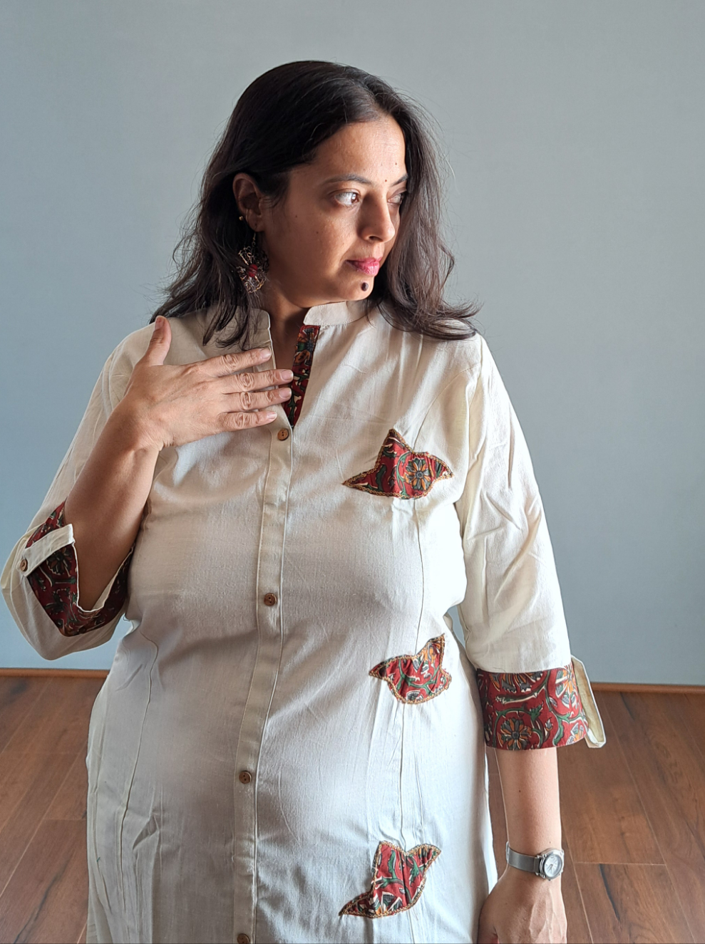 Ethereal Bliss: Off White Cotton Kurti with Patch Work