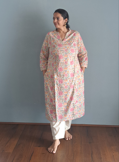 Rose Petal: Floral Pink Cotton Angarkha Set