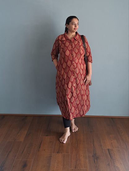 Leafy Elegance: Red Leaf Design Shirt Style Cotton Kurti