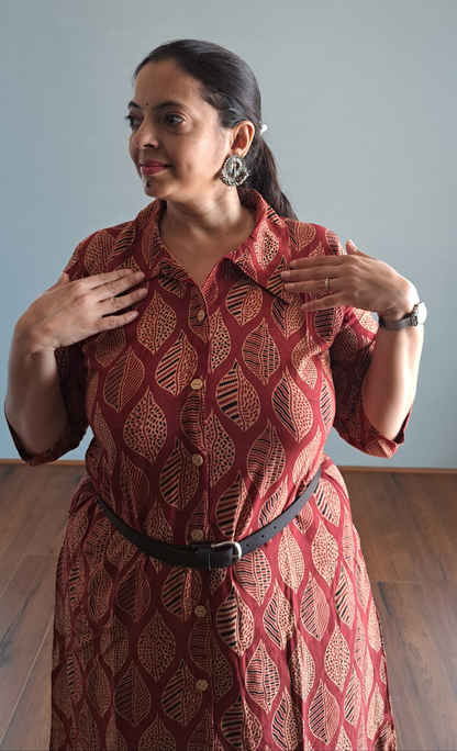 Leafy Elegance: Red Leaf Design Shirt Style Cotton Kurti