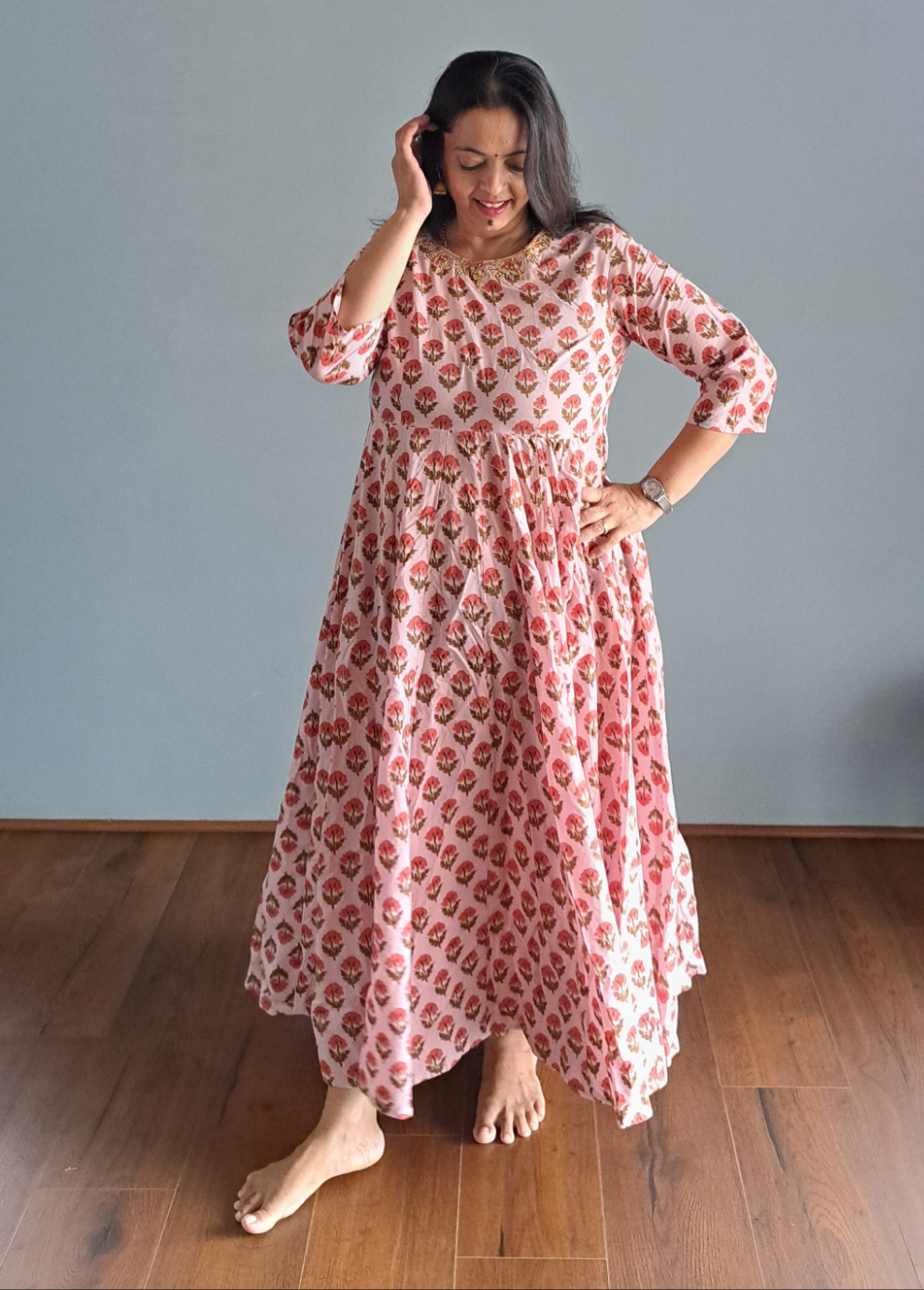 Enchanting Blooms: Pink Floral Soft Cotton Long Pleated Dress with Gotta Patti Work