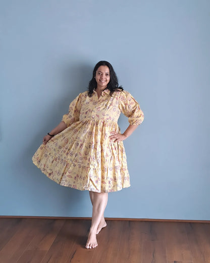 Sunshine Blooms: Yellow Floral Printed Cotton Dress