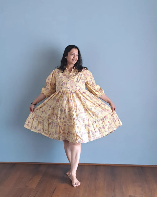 Sunshine Blooms: Yellow Floral Printed Cotton Dress