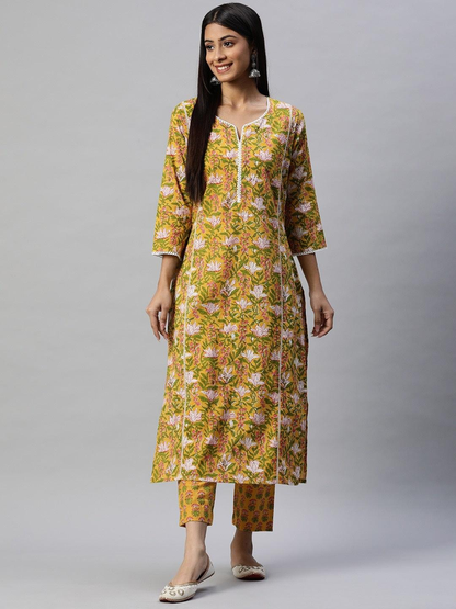 Golden Blooms: Yellow Floral Printed Straight Kurta Pant Set