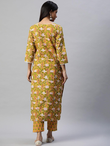 Golden Blooms: Yellow Floral Printed Straight Kurta Pant Set