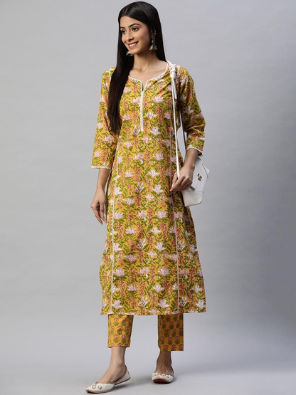 Golden Blooms: Yellow Floral Printed Straight Kurta Pant Set