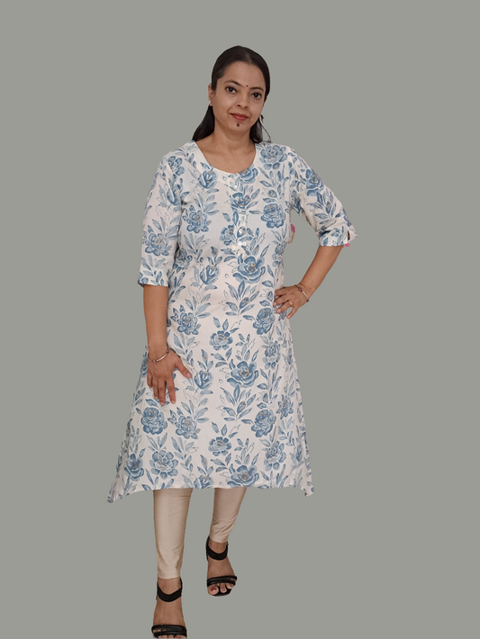 Azure Blossoms: White and Blue Floral Asymmetrical Cotton Kurti