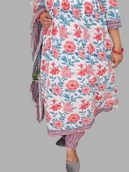 Floral Bliss: Pink Pure Cotton Alia Cut Kurta Pant and Dupatta Set