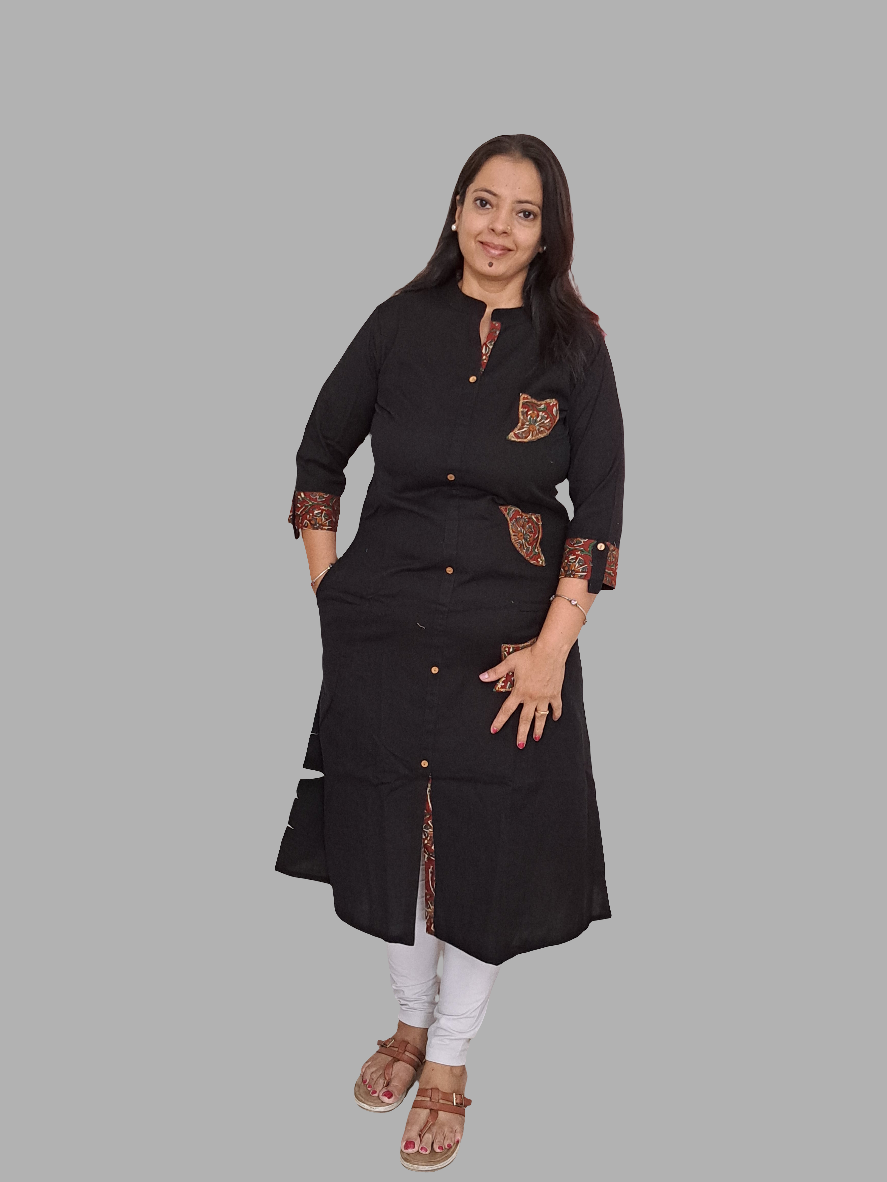 Black Patchwork Cotton Kurti with Pocket