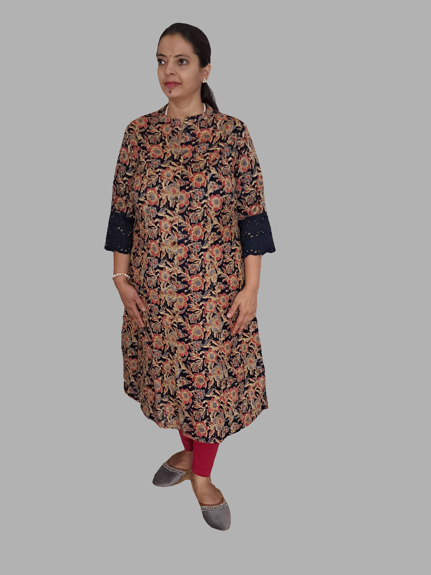 Royal Garden: Blue & Red Floral A-Line Kurti