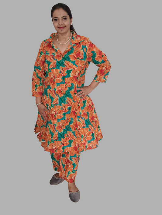 Citrus Charm: Floral Orange Cotton Co-ord Set