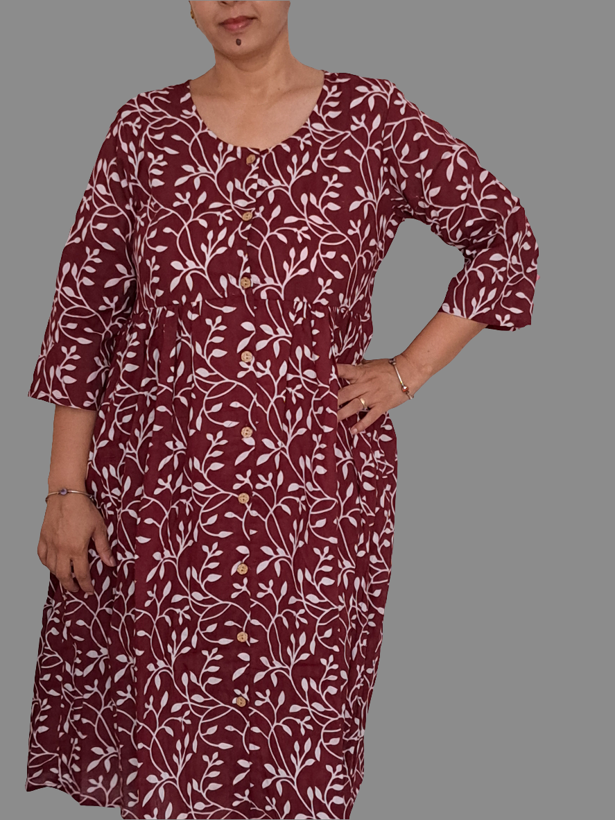 Burgundy Blooms: Maroon and White Floral Cotton Dress