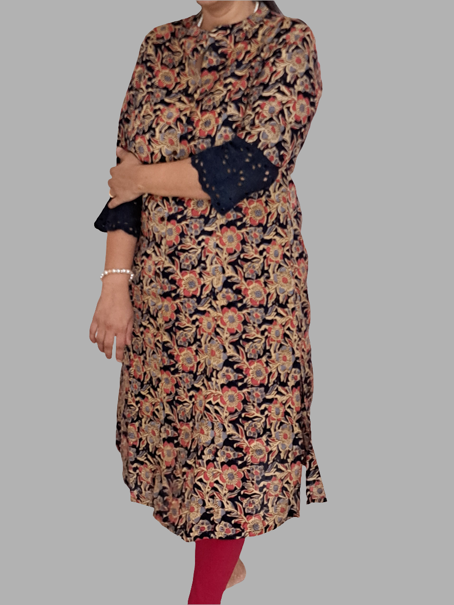 Royal Garden: Blue & Red Floral A-Line Kurti