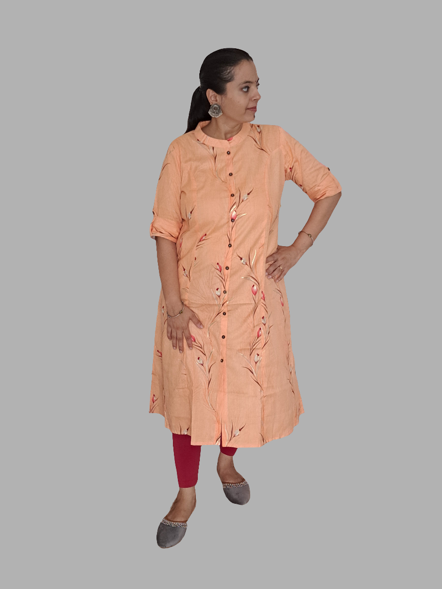 Peach Blossom: Floral A-Line Cotton Flex Kurti