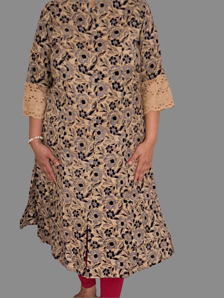 Breezy Botanics: Off White & Blue Floral A-Line Kurti with pockets