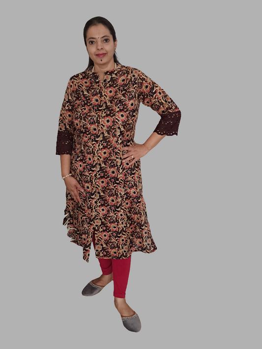 Nature's Hues: Brown & Blue Floral A-Line Kurti with pockets