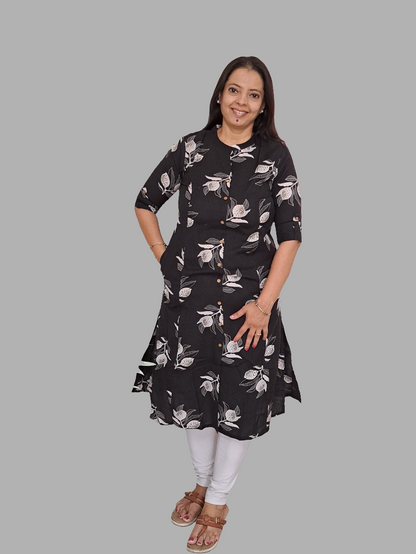 Blossoming Monochrome: Black and White Floral A-Line Kurta