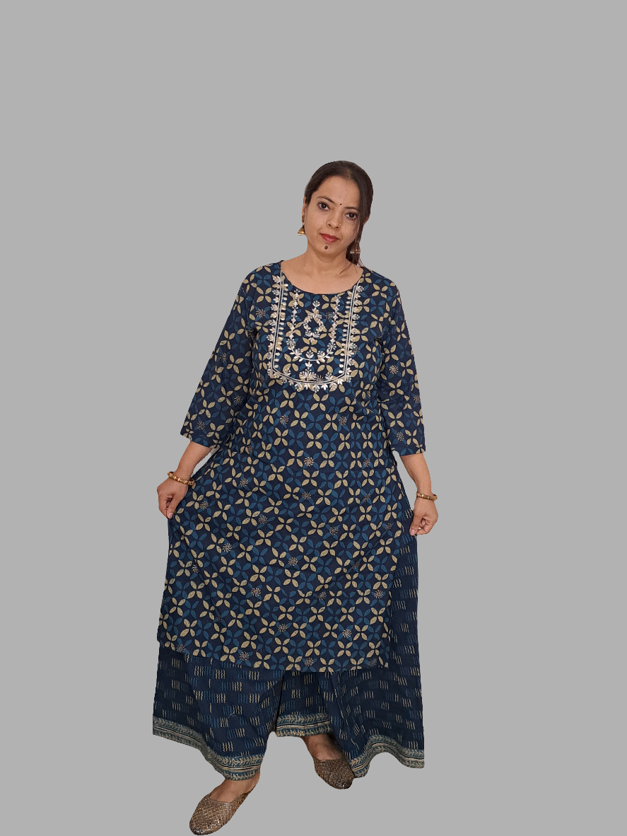 Midnight Elegance: Blue Kurta Palazzo Set with Gotta Patti Yoke